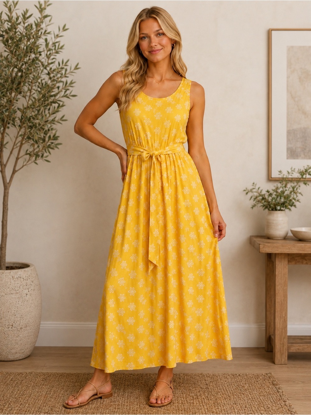 Cuddl Duds Yellow Sleeveless Floral Tie-Waist Maxi Dress